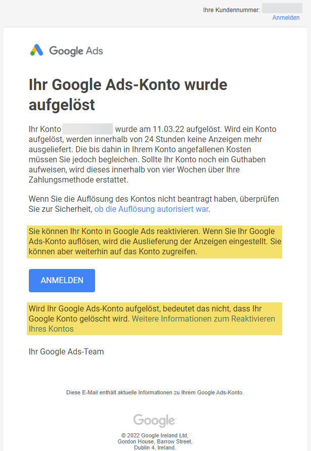 Mail von Google Ads Konto aufgelöst