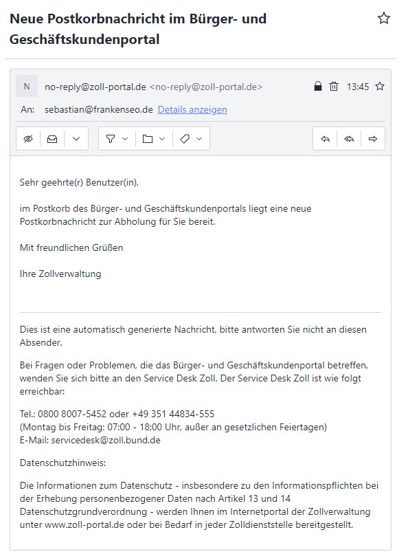 eori Nummer Postkorbnachricht Bürgerportal Geschäftskundenportal