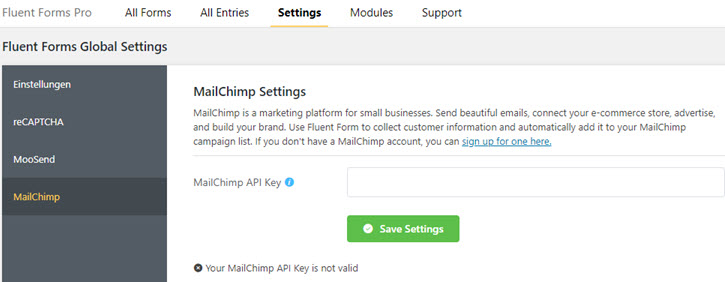 Fluent Forms Mailchimp API Key installieren