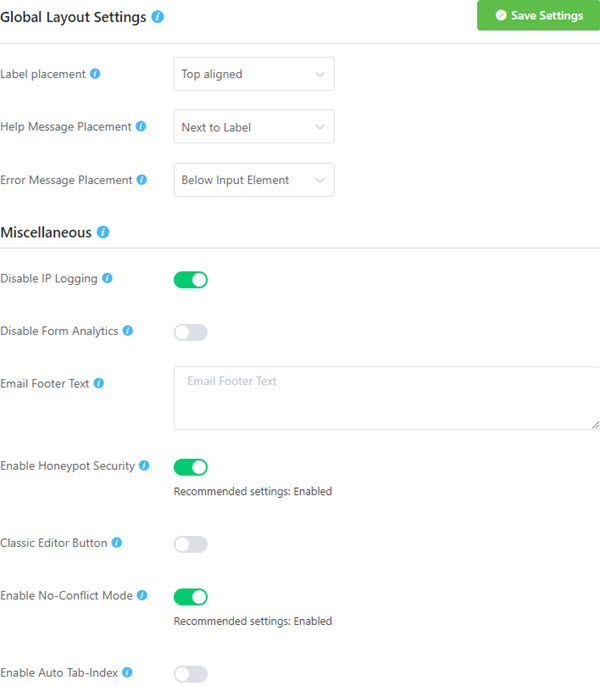 Fluent Forms globale Einstellungen