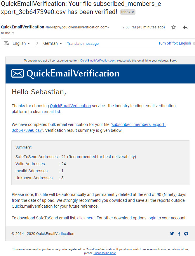 Quick E-Mail Verification Email