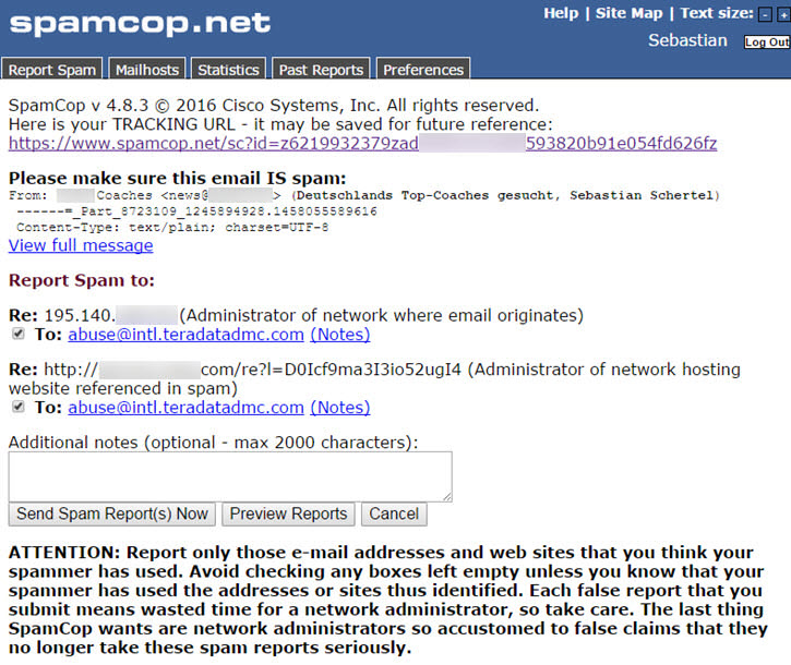 SpamCop Spammeldungen an Netzwerkadministratoren senden
