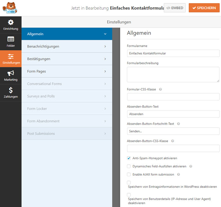WPforms Allgemein Einstellungen und Datenschutz