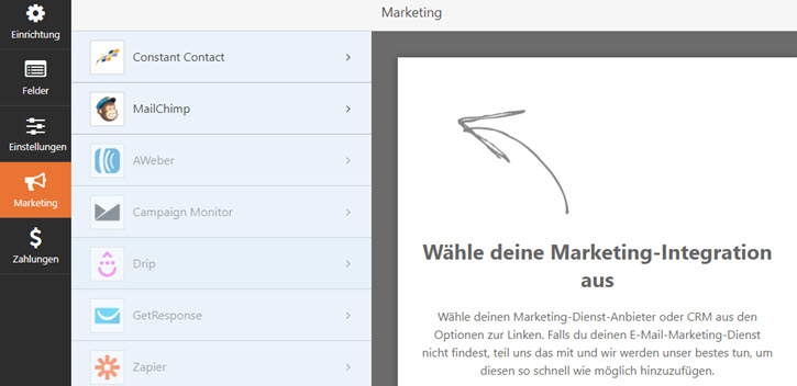 WPforms Marketing Integration wählen