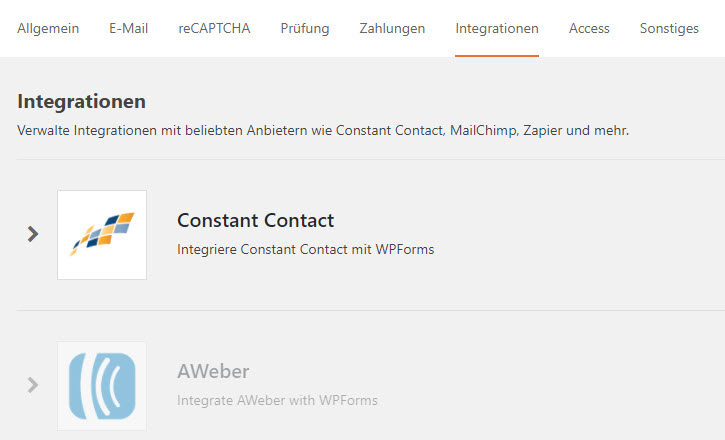 wpforms Integrationen Übersicht