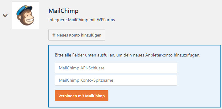 wpforms Mailchimp Konto hinterlegen