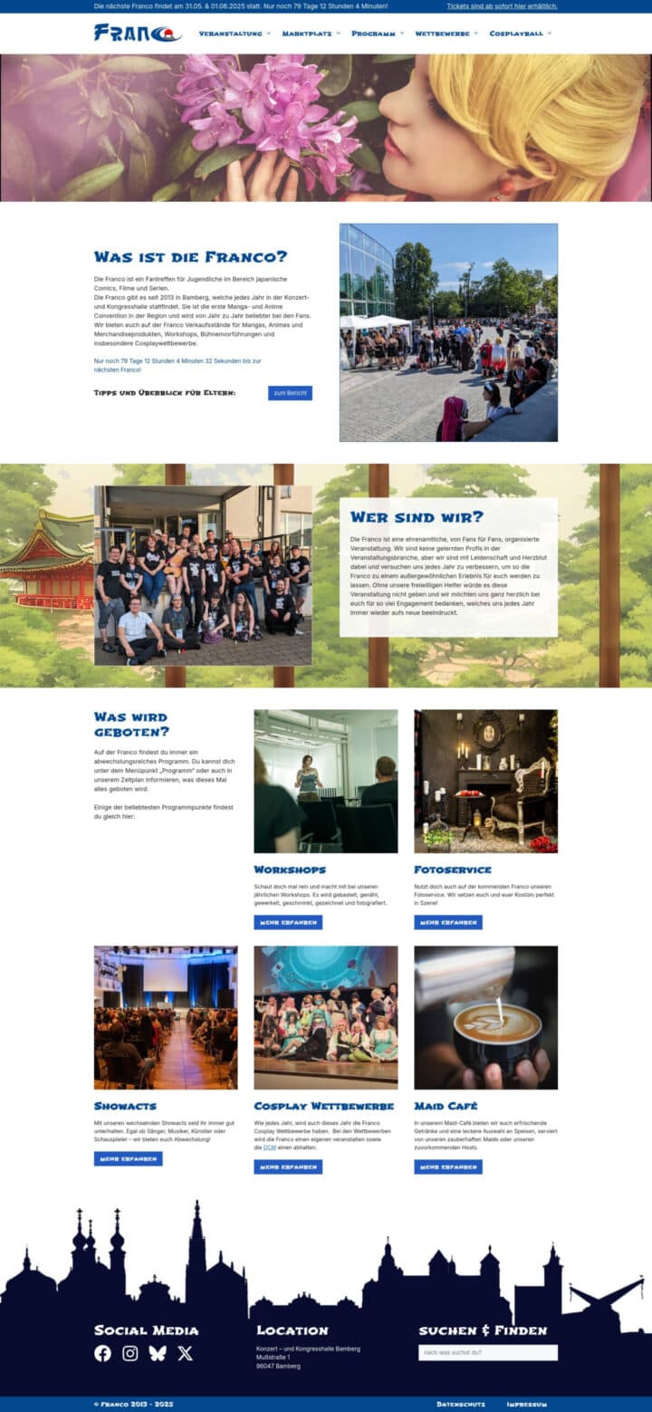 Franko Event-Website mit Berichten, Workshops, Cosplay-Wettbewerben und News.