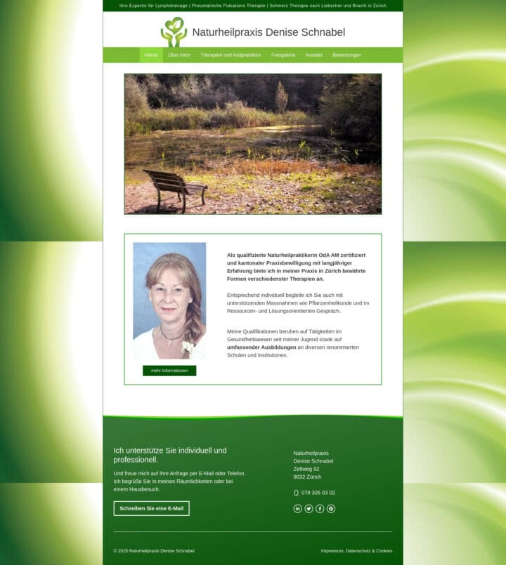 Naturheilpraxis Webseite mit grüner Gestaltung, Therapieangeboten und Kontaktinformationen.
