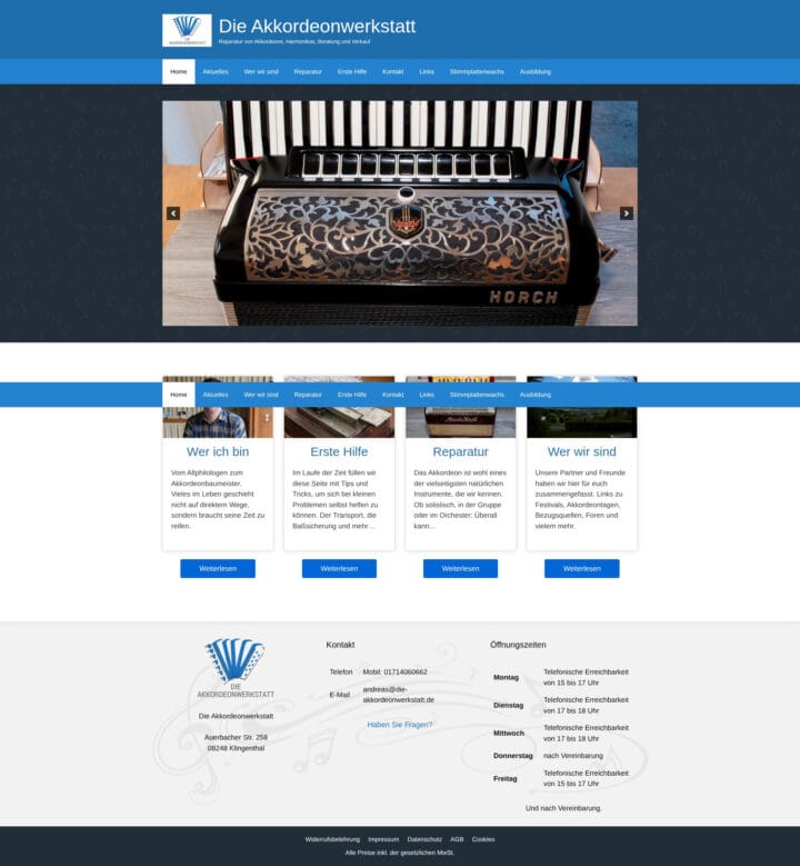 Website der Akkordeonwerkstatt mit Reparaturservice