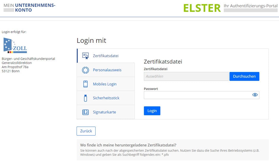 ELSTER-Zertifikatsdatei-Loginportal für Unternehmen
