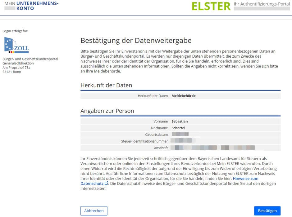 Formular zur Bestätigung der Datenweitergabe bei ELSTER