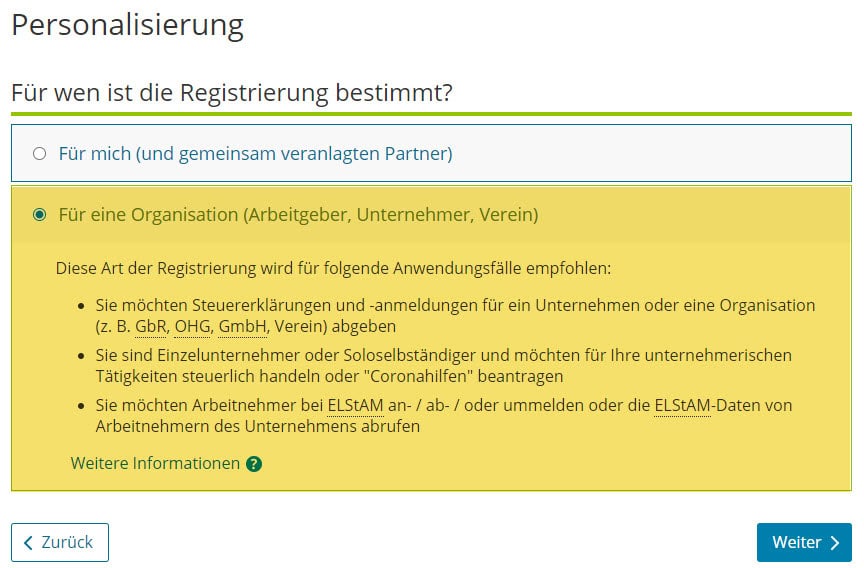 Registrierung für Unternehmen oder Organisationen auswählen