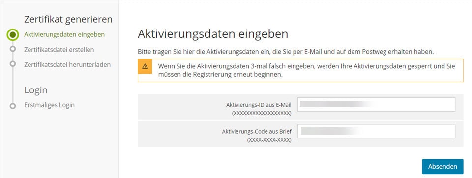 Aktivierungsdaten eingeben für Zertifikatserstellung