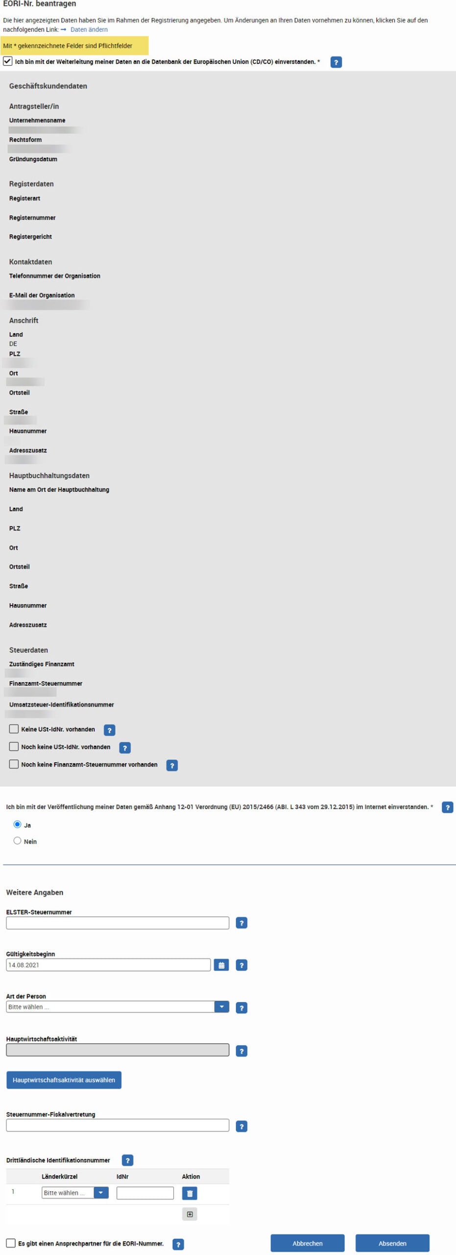 EORI-Nummer Antragsformular mit Pflichtfeldern und Optionen.