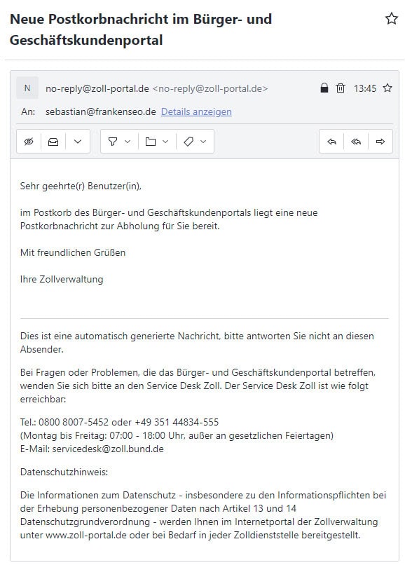 Zollnachricht im Postfach zur Abholung bereit.
