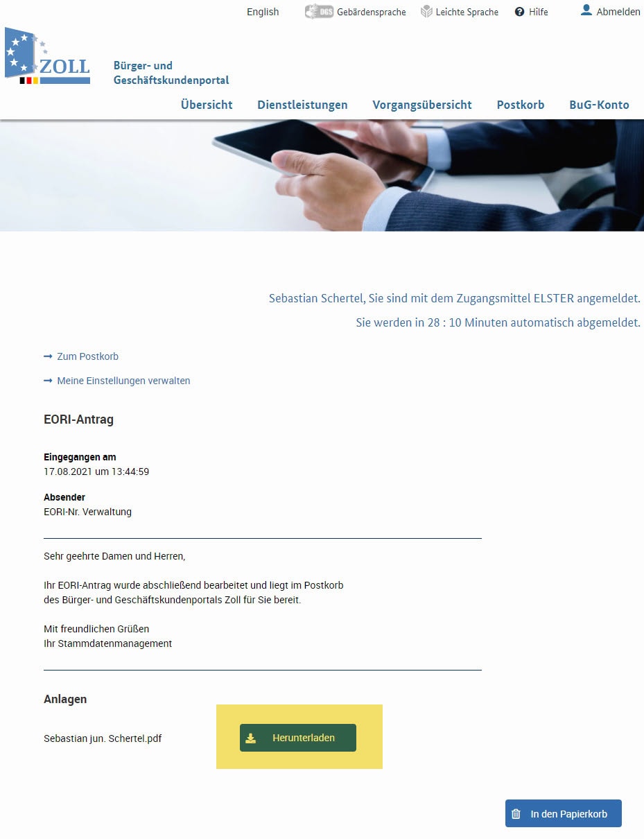 Benachrichtigung über EORI-Antrag im Zollportal