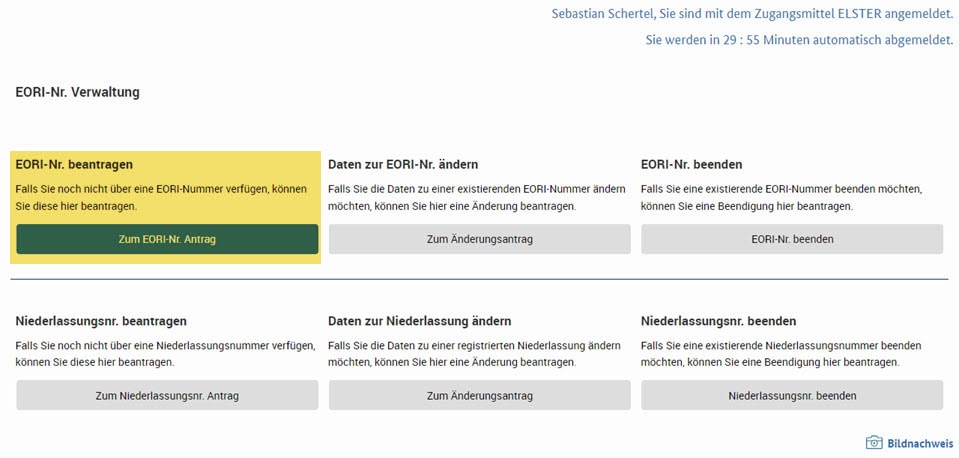 EORI-Verwaltung und Antragsoptionen auf ELSTER-Website.