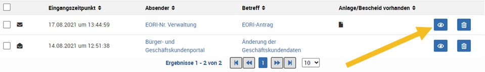Email-Übersicht mit Optionen 'Ansehen' und 'Löschen'
