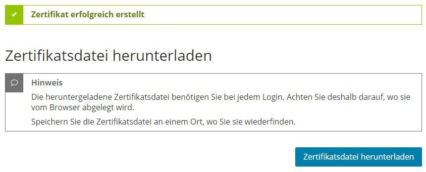 Zertifikatsdatei erstellt, jetzt herunterladen.