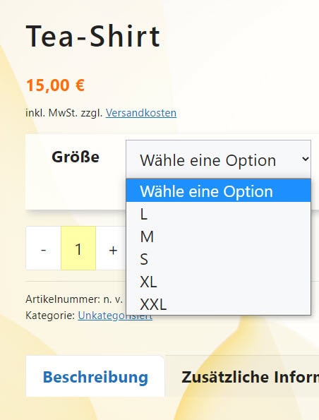 T-Shirt Größenwahlmenü mit Preis 15 Euro.