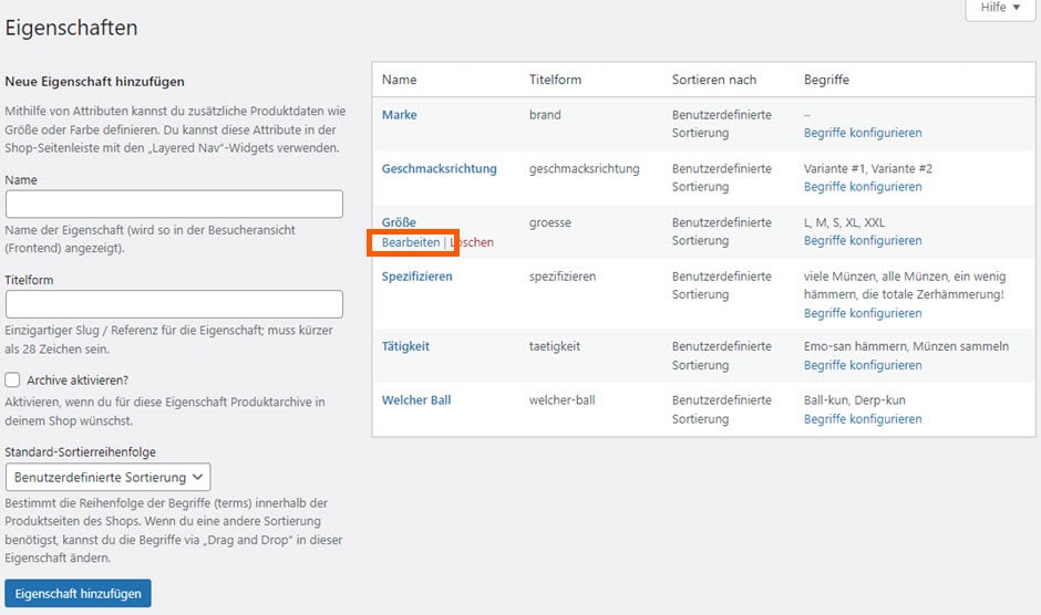 Produkteigenschaften-Eingabe in WordPress-Backend