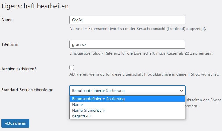 Eigenschaft bearbeiten Benutzeroberfläche im Online-Shop
