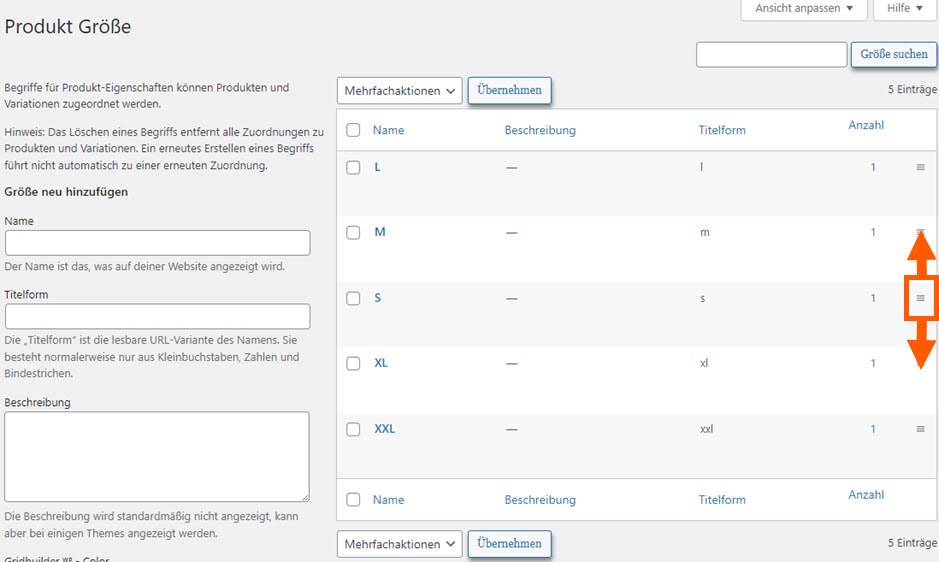 Produktgrößenverwaltung im Backend-Interface
