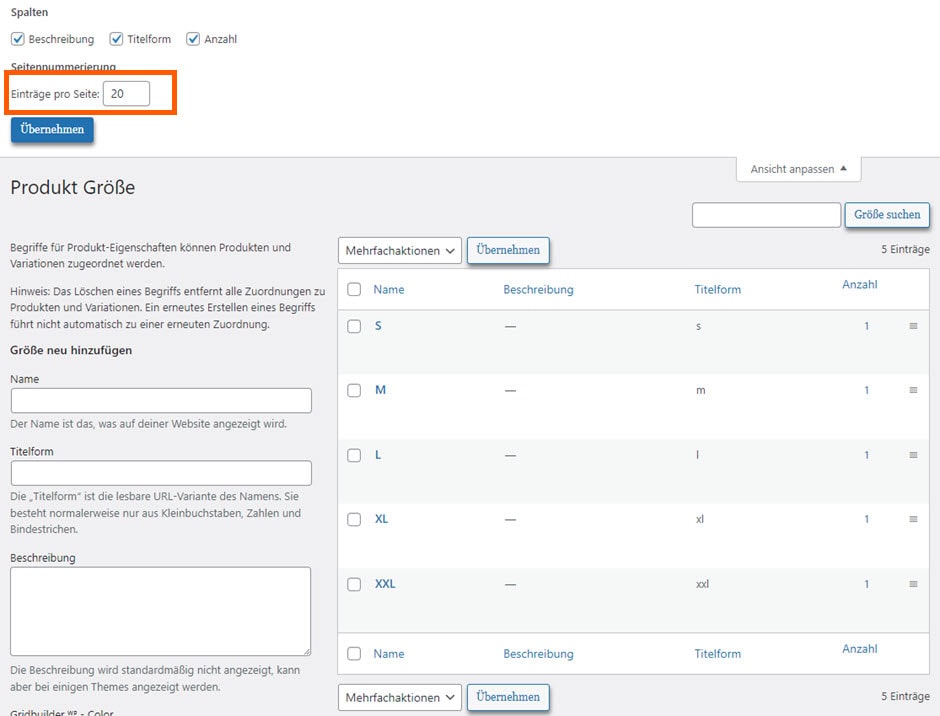 Produktgrößen-Einstellungen in einem Website-Dashboard