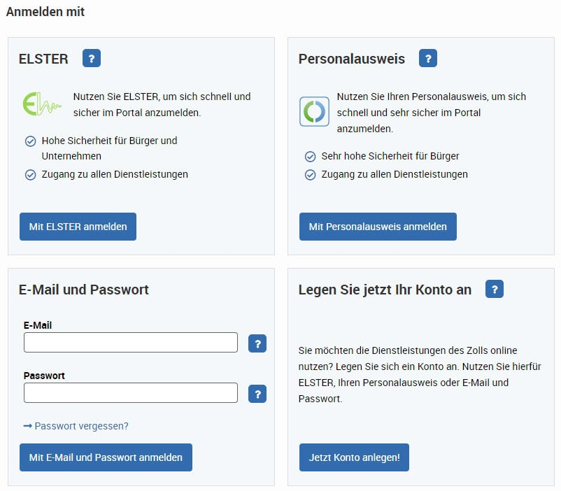 Anmeldeoptionen: ELSTER, Personalausweis, E-Mail, Kontoerstellung