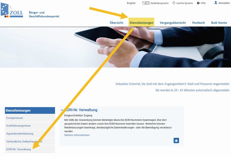 Zoll-Portal Navigation mit Dienstleistungen hervorgehoben.