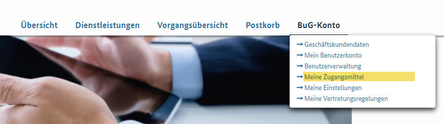 Navigation mit ausgewähltem Menüpunkt 'Meine Zugangsmittel'.